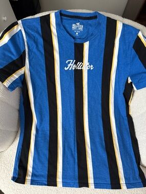 Hollister Blue Black White Yellow Striped Short Sleeve Tee